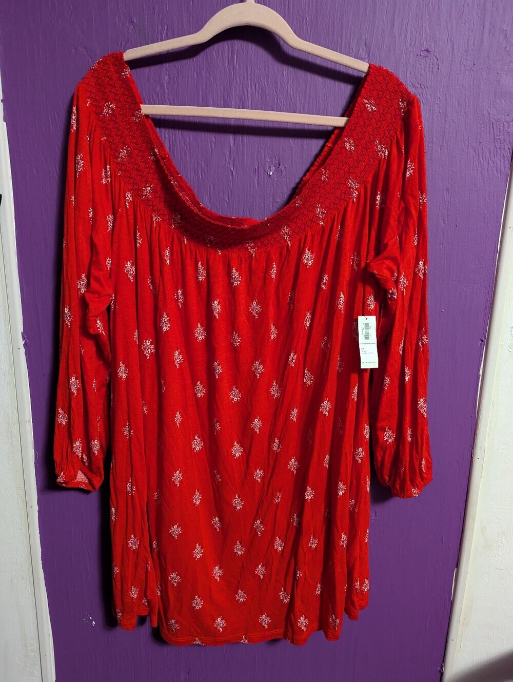 💜 NWT Old Navy Red White Micro Floral Adjustable Neck 3/4 Sleeve Blouse 4X 26